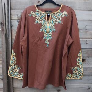 Bob Mackie Brown Embroidered Tunic Top Size 1X NWT Boho